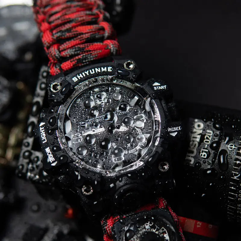 Close-up of the paracord survival watch band and integrated compass