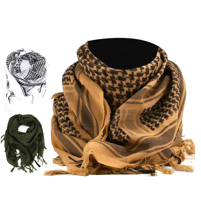 Tactical shemagh keffiyeh scarves in tan, white, and olive