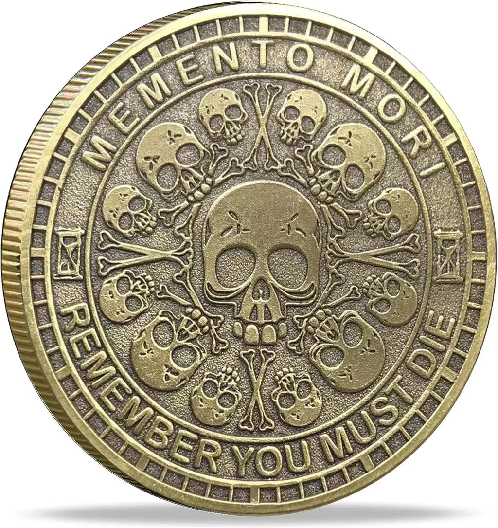 Memento Mori Tempus Fugit challenge coin, bronze, skull design