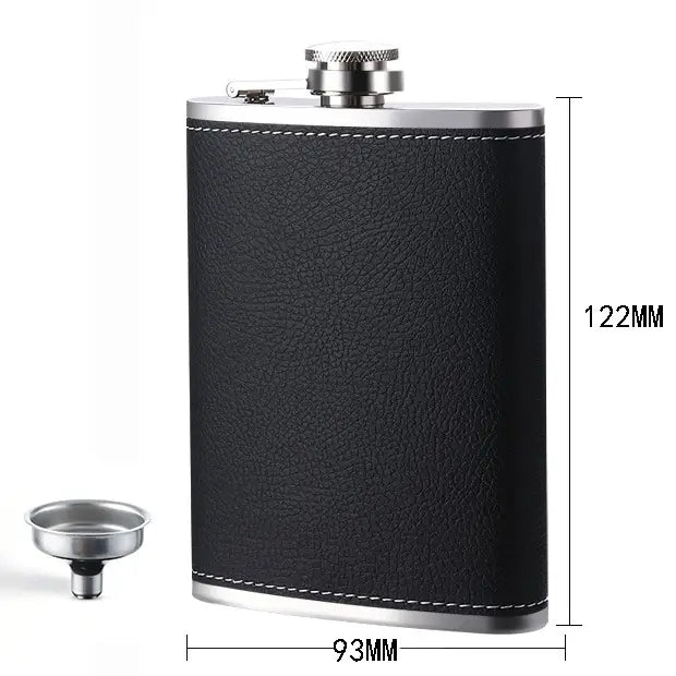 Close-up of stitched leather wrap on hip flask body