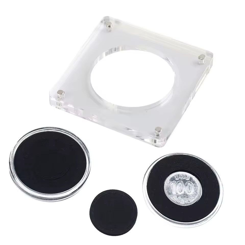Magnetic acrylic coin frame holding a challenge coin