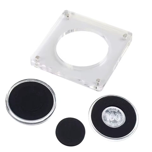 Magnetic acrylic coin frame holding a challenge coin