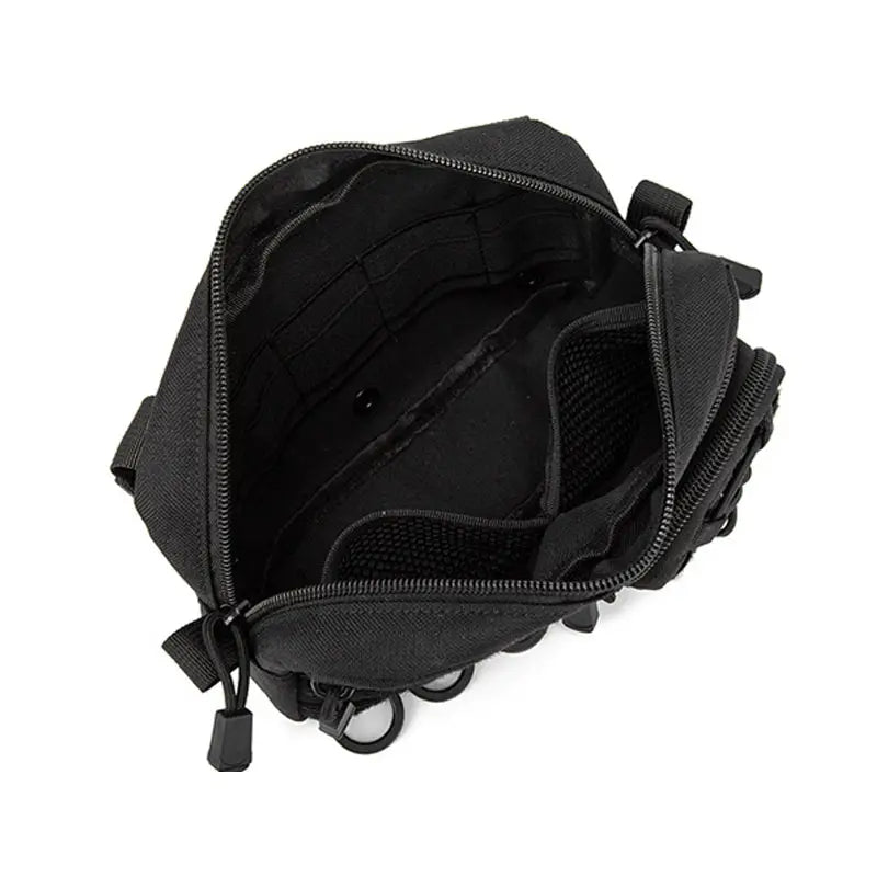 MOLLE admin pouch opened flat, showing mesh pockets and elastic loops inside