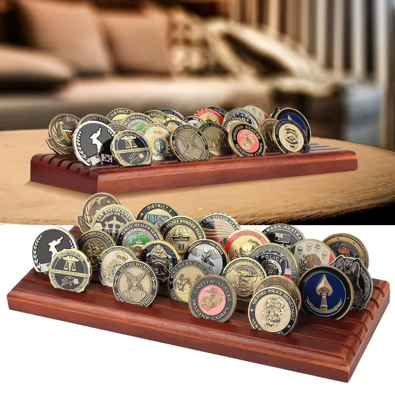 Wooden coin display rack rows detail