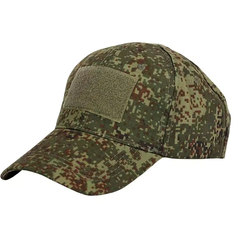 Tan tactical cap with a hook-and-loop front panel for patches
