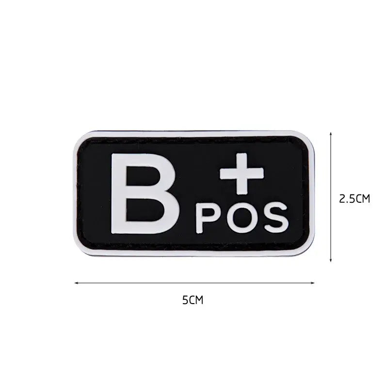 Blood type patch, black luminous PVC, B+ shown