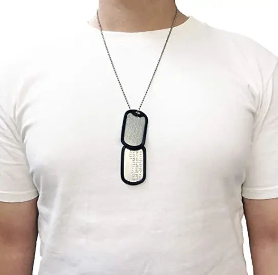 Dog tag necklace worn around the neck