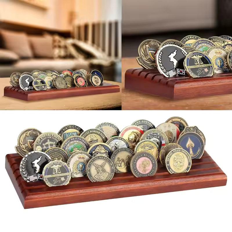 Wooden coin display rack XL 5-row loaded with military challenge coins
