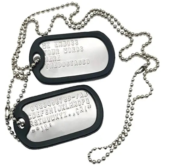 Two stainless steel dog tags on ball chains with silencers