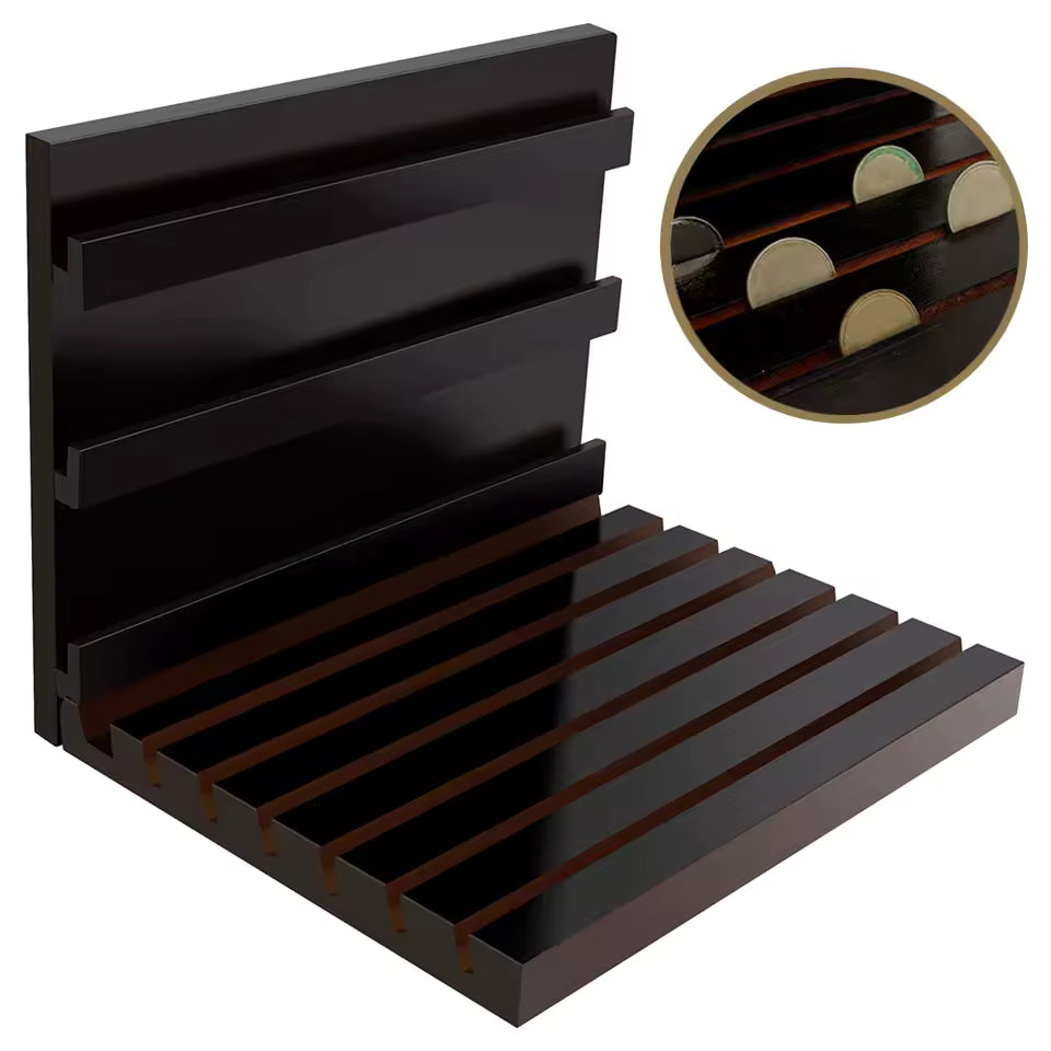 Wooden coin display rack with coins
