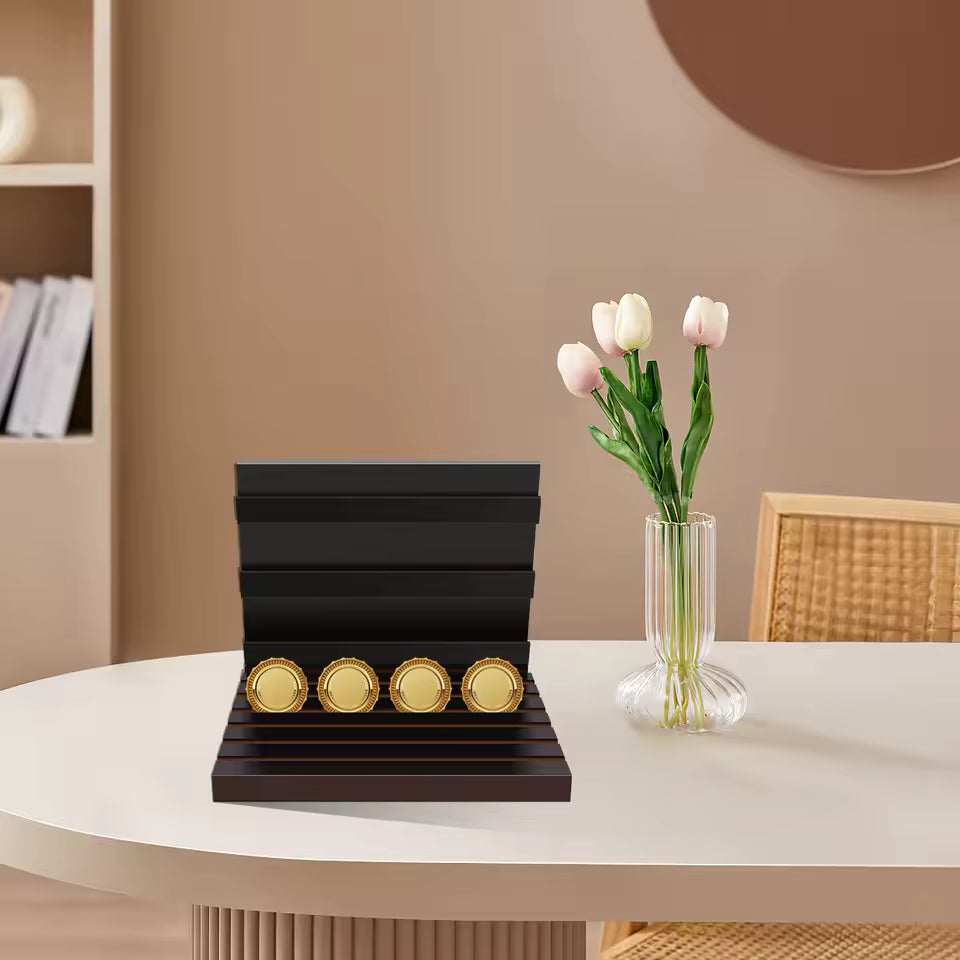 Wooden coin display rack angle view