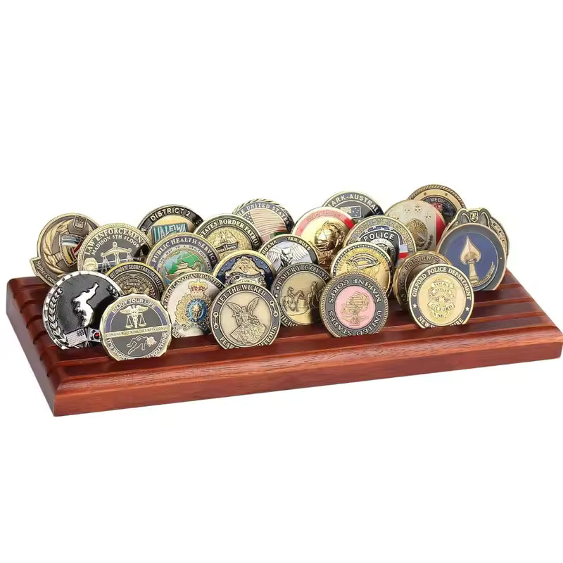 Wooden coin display rack close-up