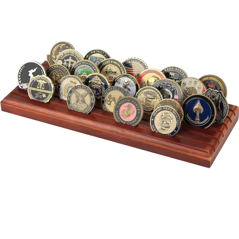 Wooden coin rack with coins arranged