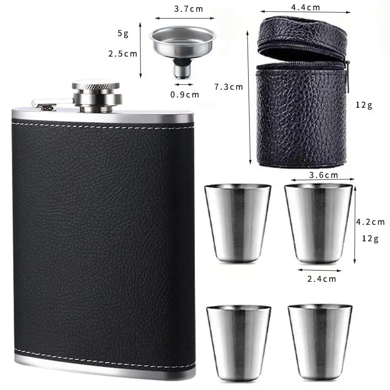 Hip flask gift set with funnel, four shot cups, and carry pouch dimensions