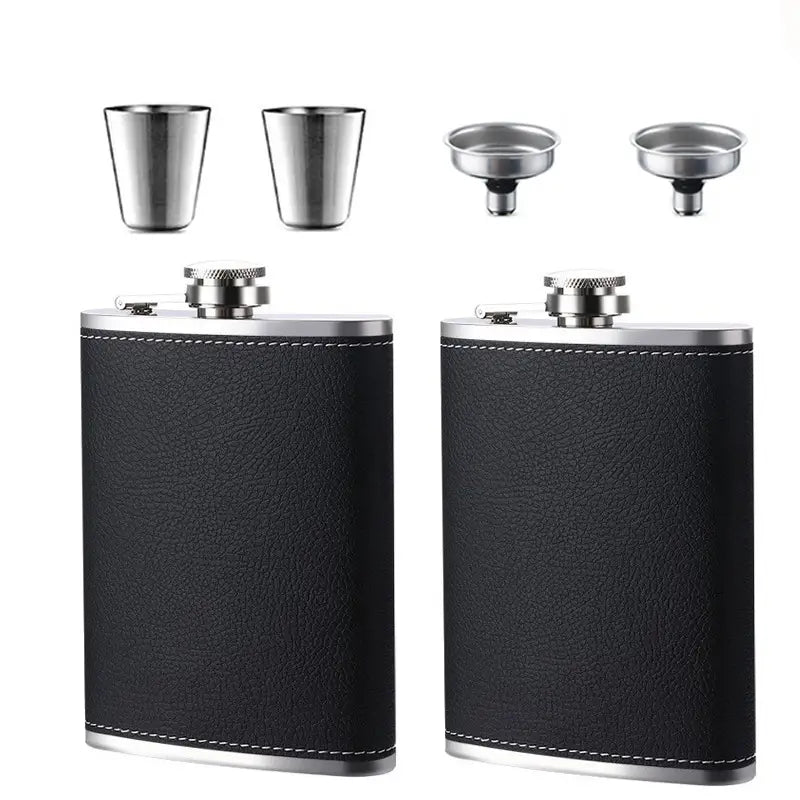 Two leather-wrapped hip flasks shown side by side