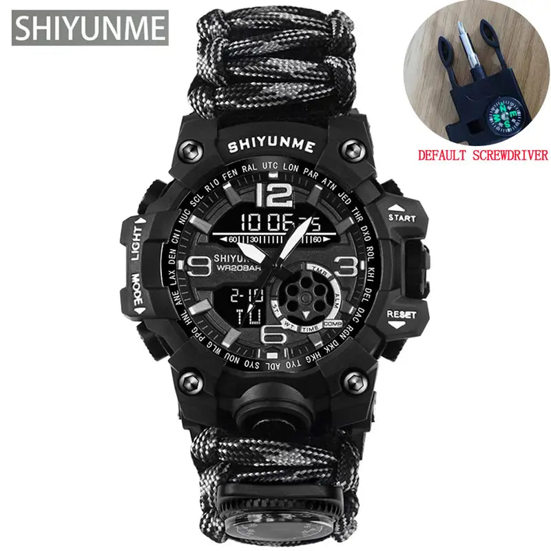 Tactical paracord compass watch, grey/black woven band with compass and thermometer