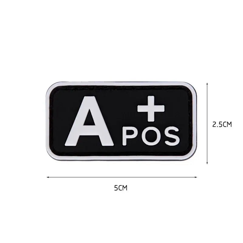 Blood type patch, black 3D PVC with luminous lettering, 5 x 2.5 cm