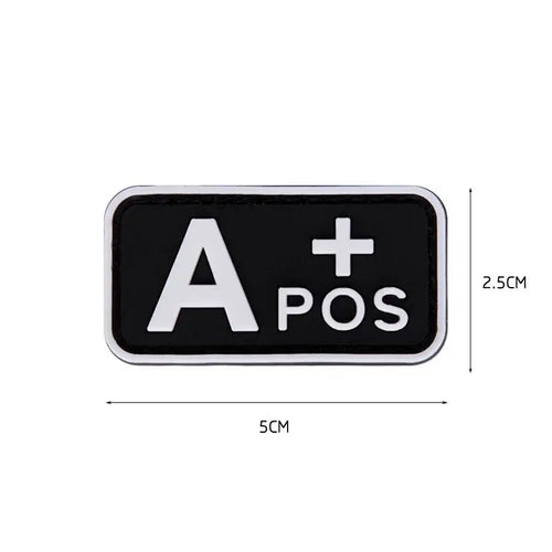 Blood type patch, black 3D PVC with luminous lettering, 5 x 2.5 cm