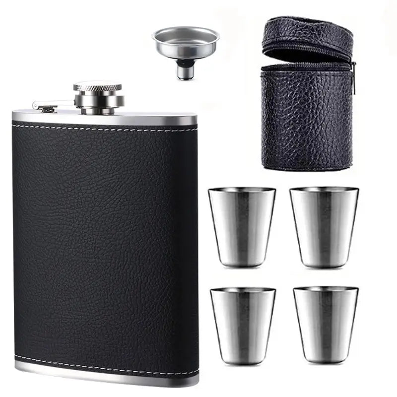 Leather-wrapped hip flask standing with four stainless shot cups