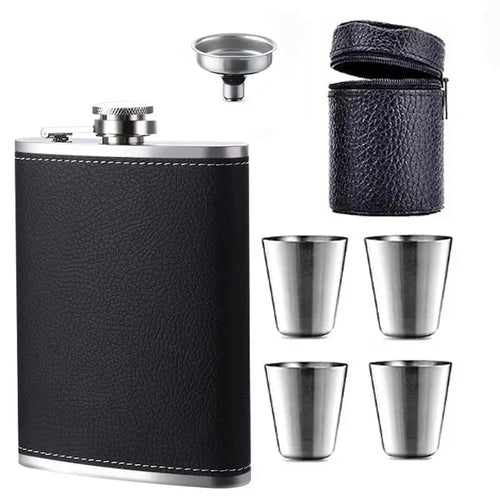 Leather-wrapped hip flask standing with four stainless shot cups