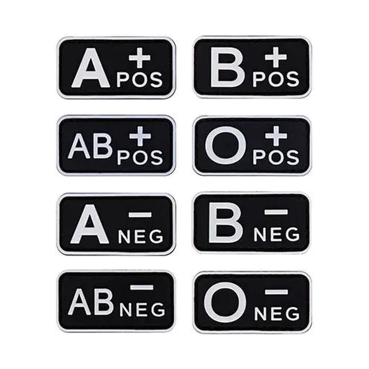 Blood type patch, all eight types: A+, B+, AB+, O+, A-, B-, AB-, O-