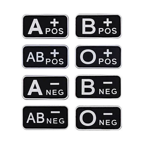 Blood type patch, all eight types: A+, B+, AB+, O+, A-, B-, AB-, O-