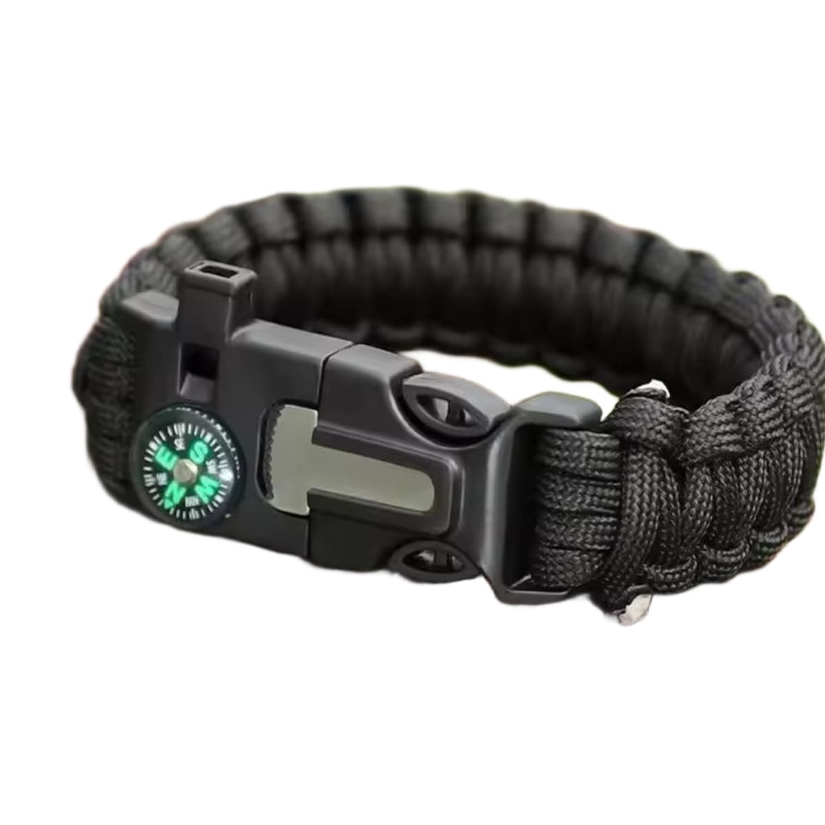 Paracord survival bracelet with compass and whistle buckle