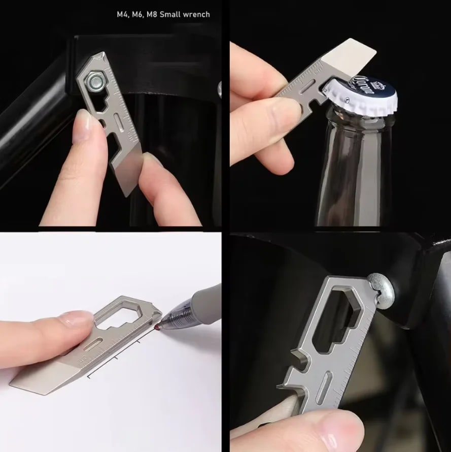 Pry bar turning a nut, opening a bottle and drawing a line