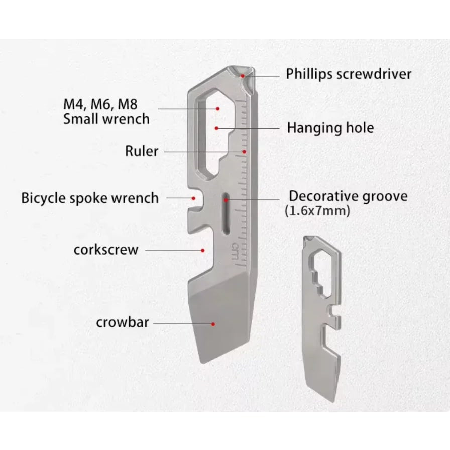 Pry bar tool diagram: M4, M6, M8 wrench, Phillips tip, spoke wrench, ruler